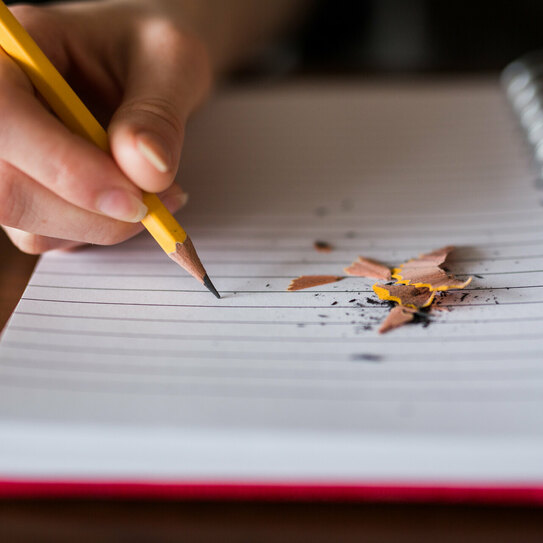 Das Foto ist die Nahaufnahme einer Hand, die mit Bleistift etwas in ein Notizbuch schreibt.